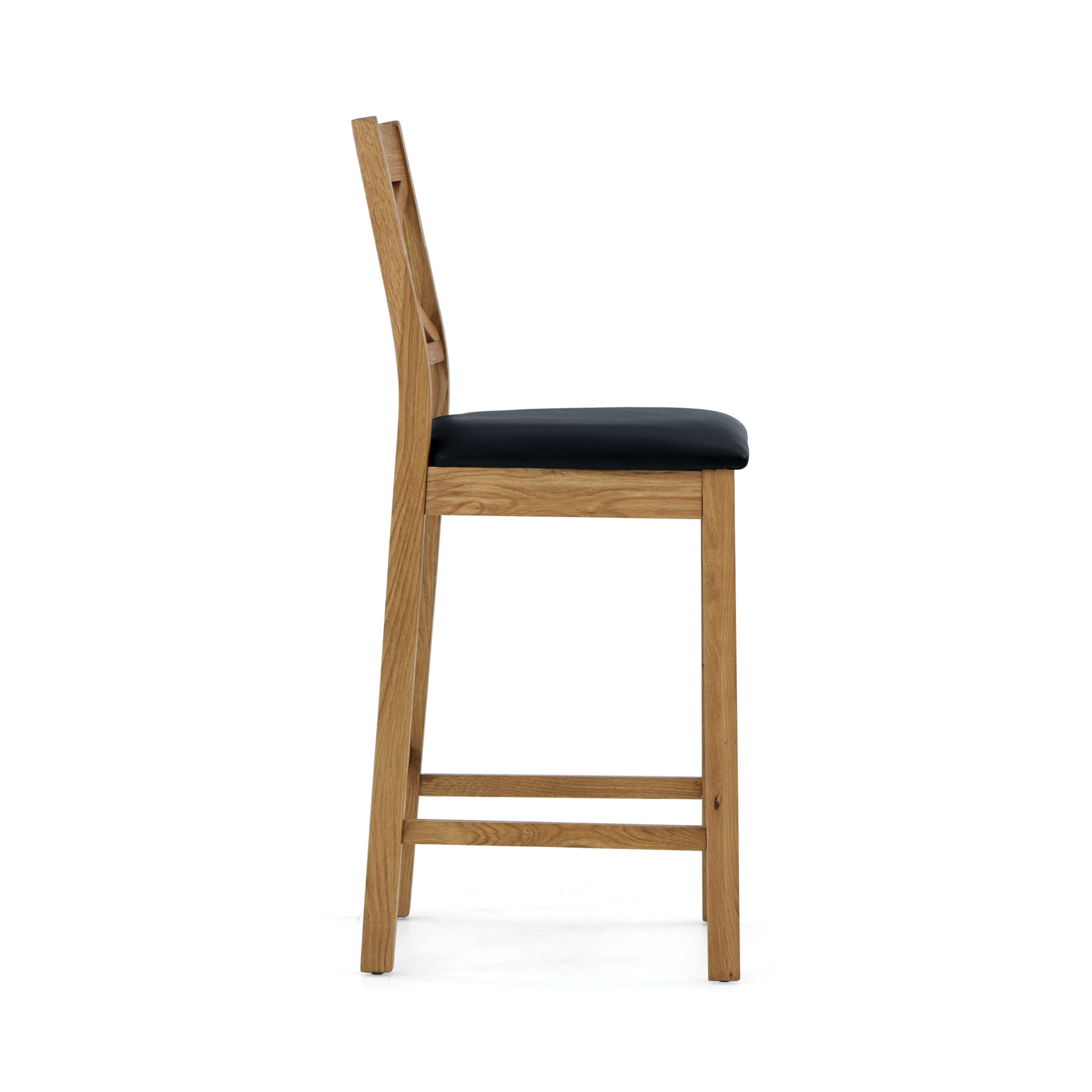 oak Bar stool with cros back design and black leather seat