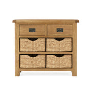 small oak sideboard with 2 drawers and 4 light coloured storage baskets