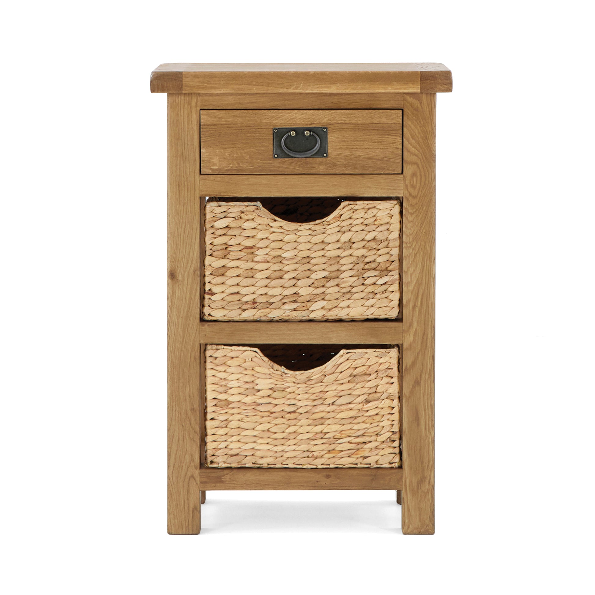 oak square table with single drawer and 2 shelves with storage baskets. front view