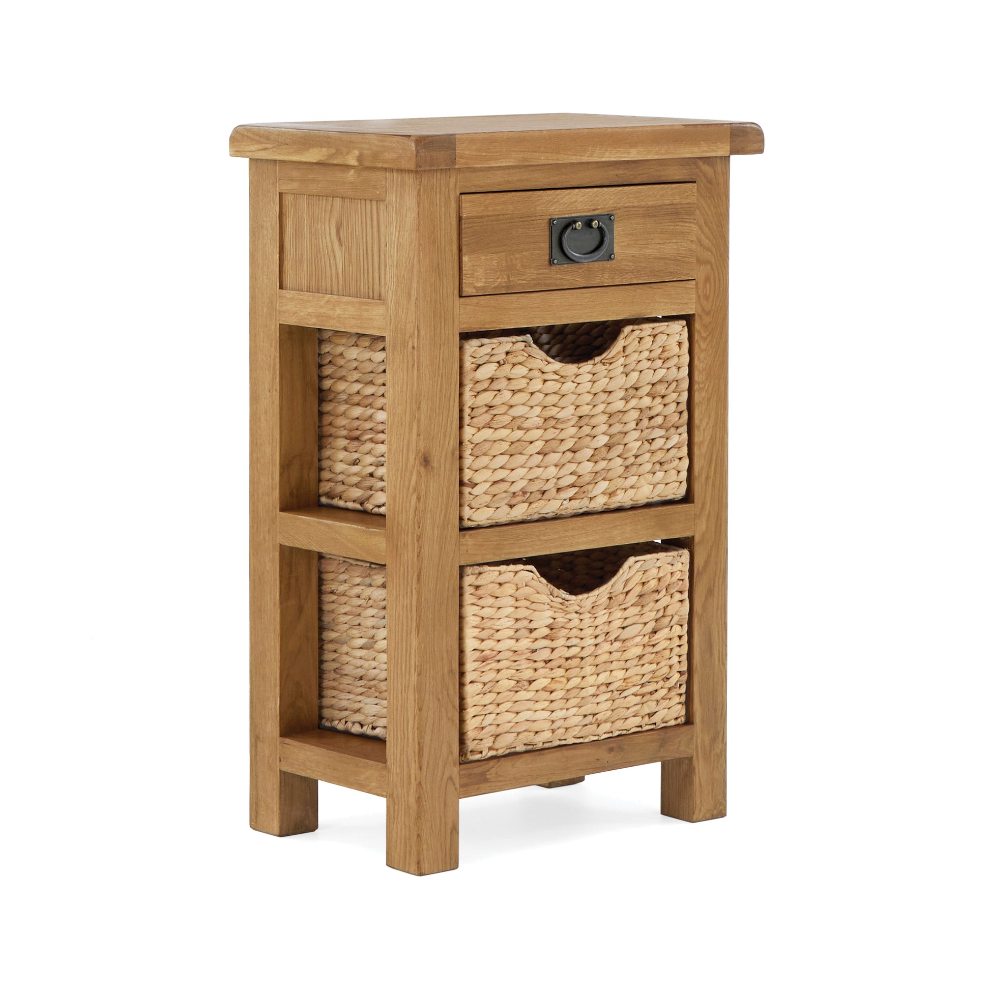 oak square table with single drawer and 2 shelves with storage baskets. angled view