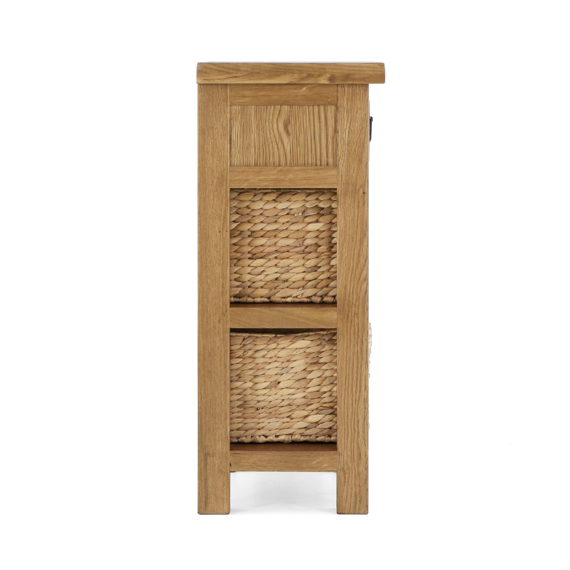 oak square table with single drawer and 2 shelves with storage baskets. side view