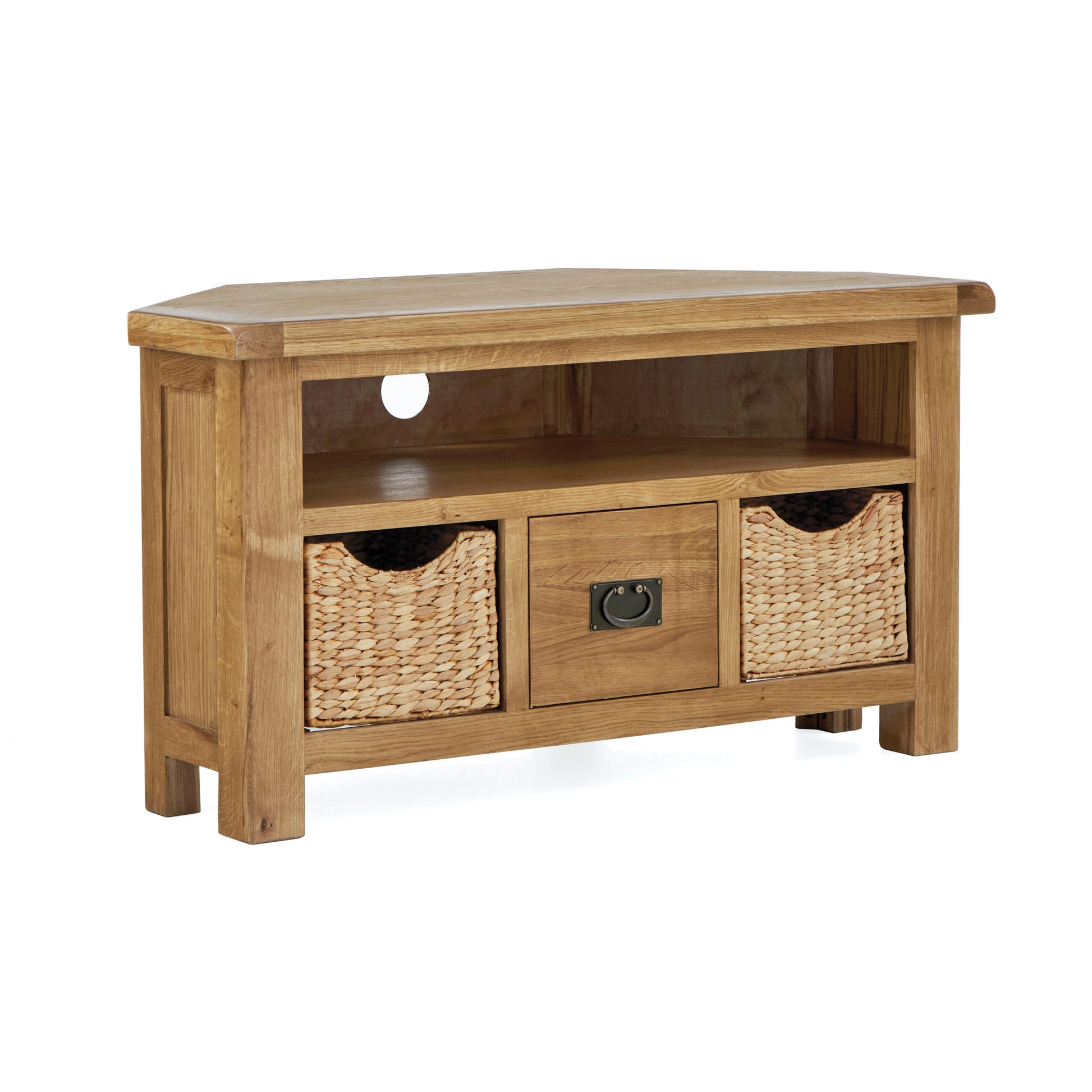 6 sided oak corner tv unit with a centre shelf and under storage consisting of one central drawer and a sorage basket drawer on either side