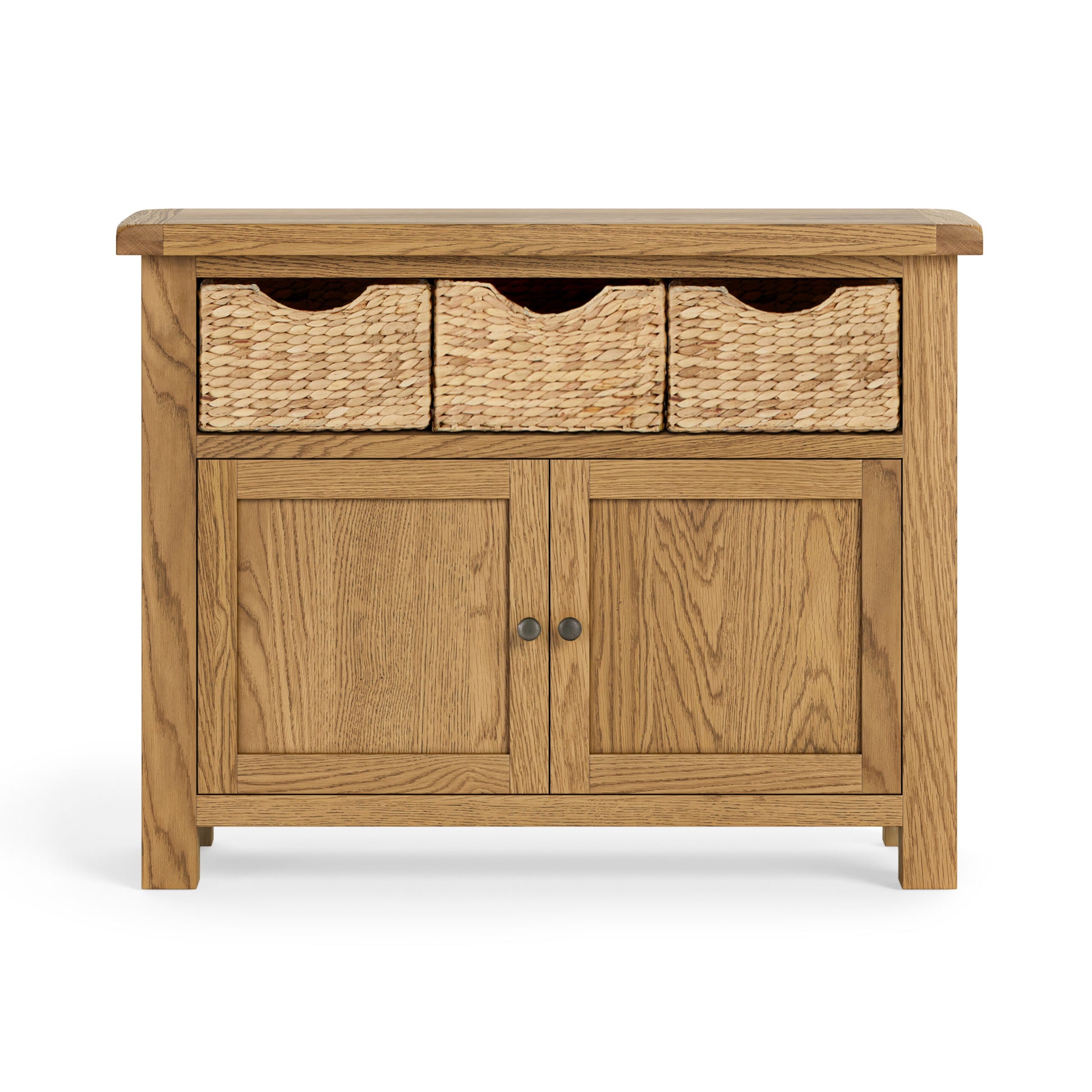 Oak sideboard with 3 storage baskets in place of drawers and 2 cupboard doors underneath