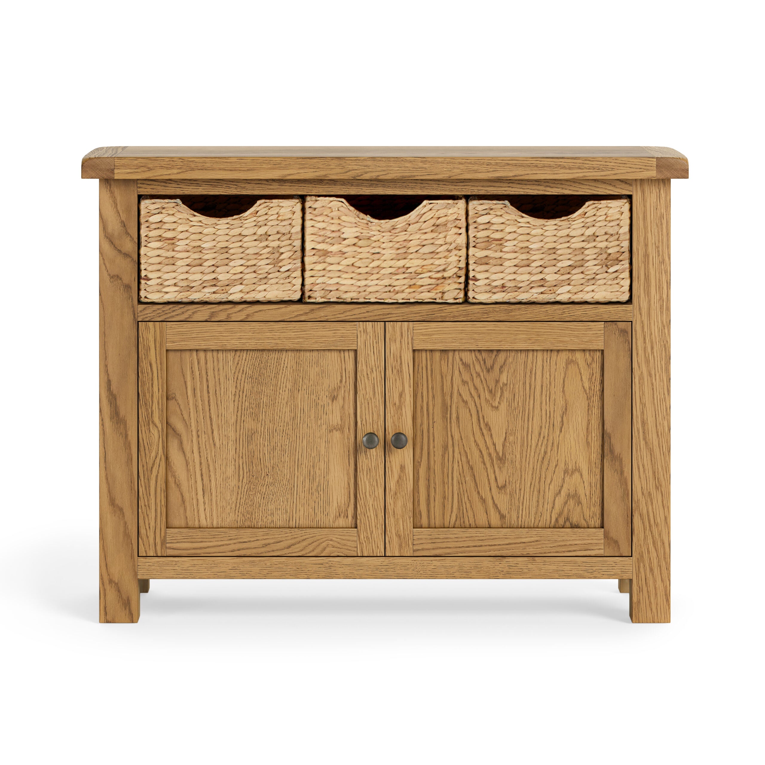 Oak sideboard with 3 storage baskets in place of drawers and 2 cupboard doors underneath