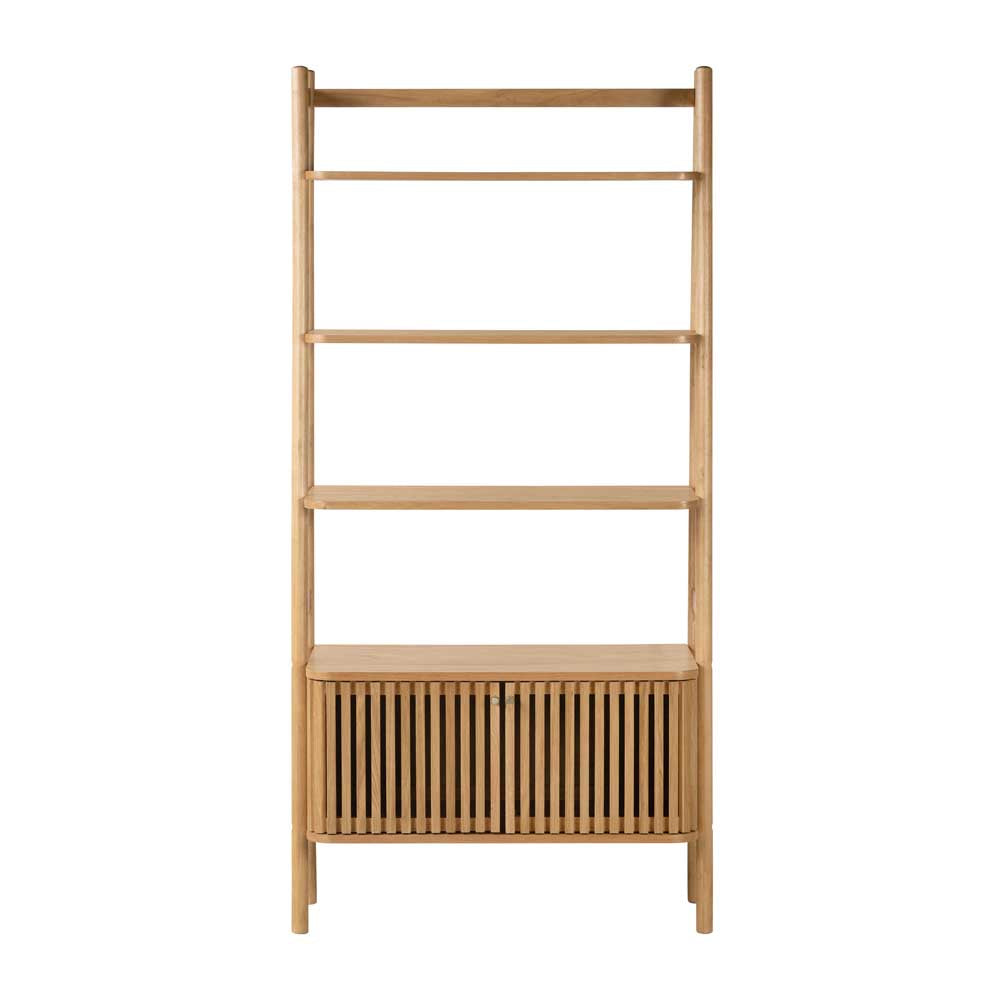 Oak tapered storage/bookshelf with a slatted door design cupboard at the bottom, on a white background