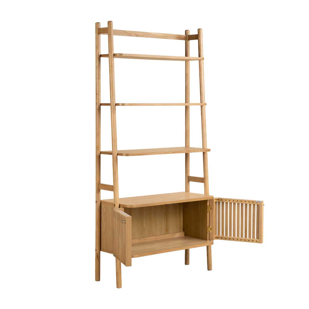 Wooden bookshelf with open cabinet on a white background