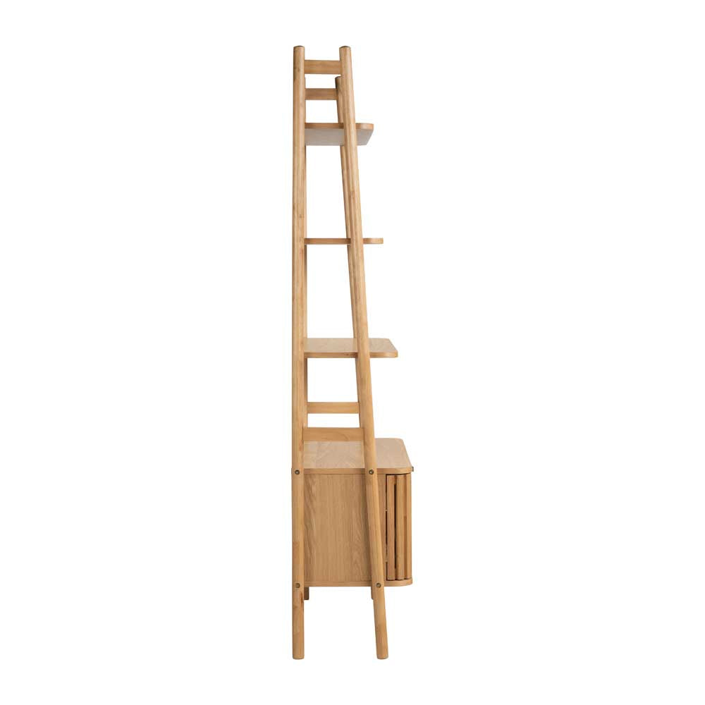 Sideview of oak tapered storage/bookshelf with a slatted door design cupboard at the bottom, on a white background