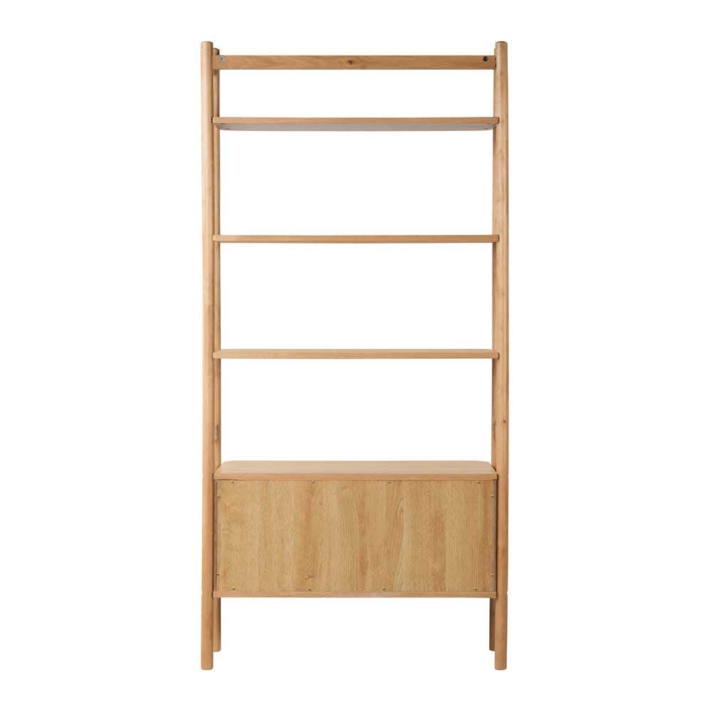 View from the back of Oak tapered storage/bookshelf with a slatted door design cupboard at the bottom, on a white background