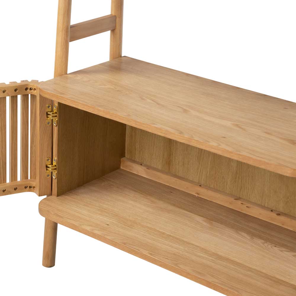 close up of storage cupboard at the bottom of shelving unit.