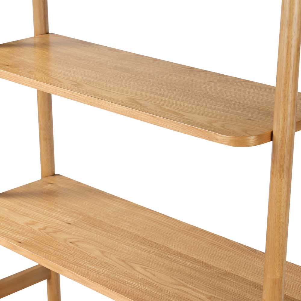 Close up of Wooden bookshelf shelves on a white background