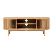 Wooden TV stand with slatted design on a white background