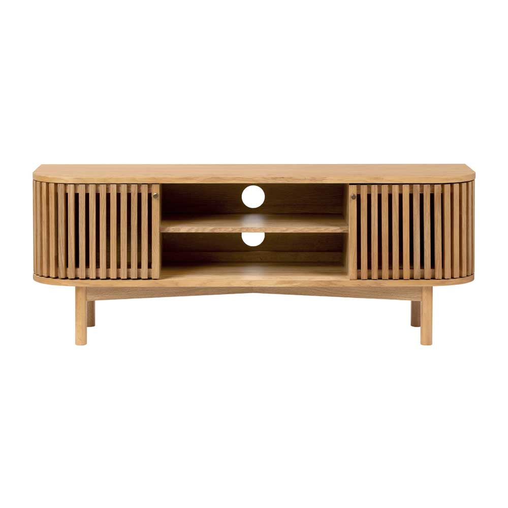 Wooden TV stand with slatted design on a white background