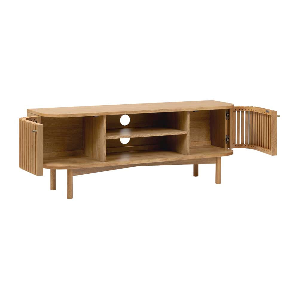 Wooden TV stand, showing open doors with slatted design on a white background