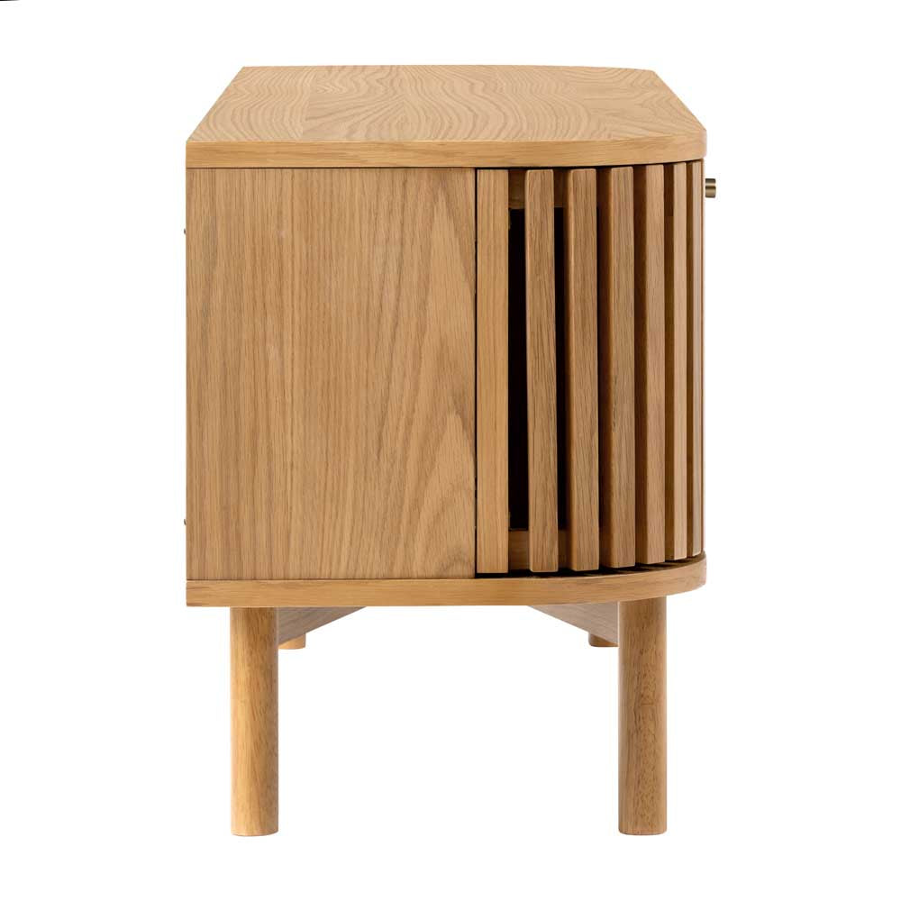 Side view of a wooden TV stand with slatted design on a white background