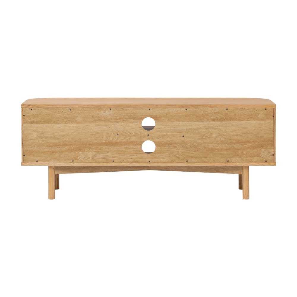 Wooden TV unit with curved design and circular cutouts on a white background