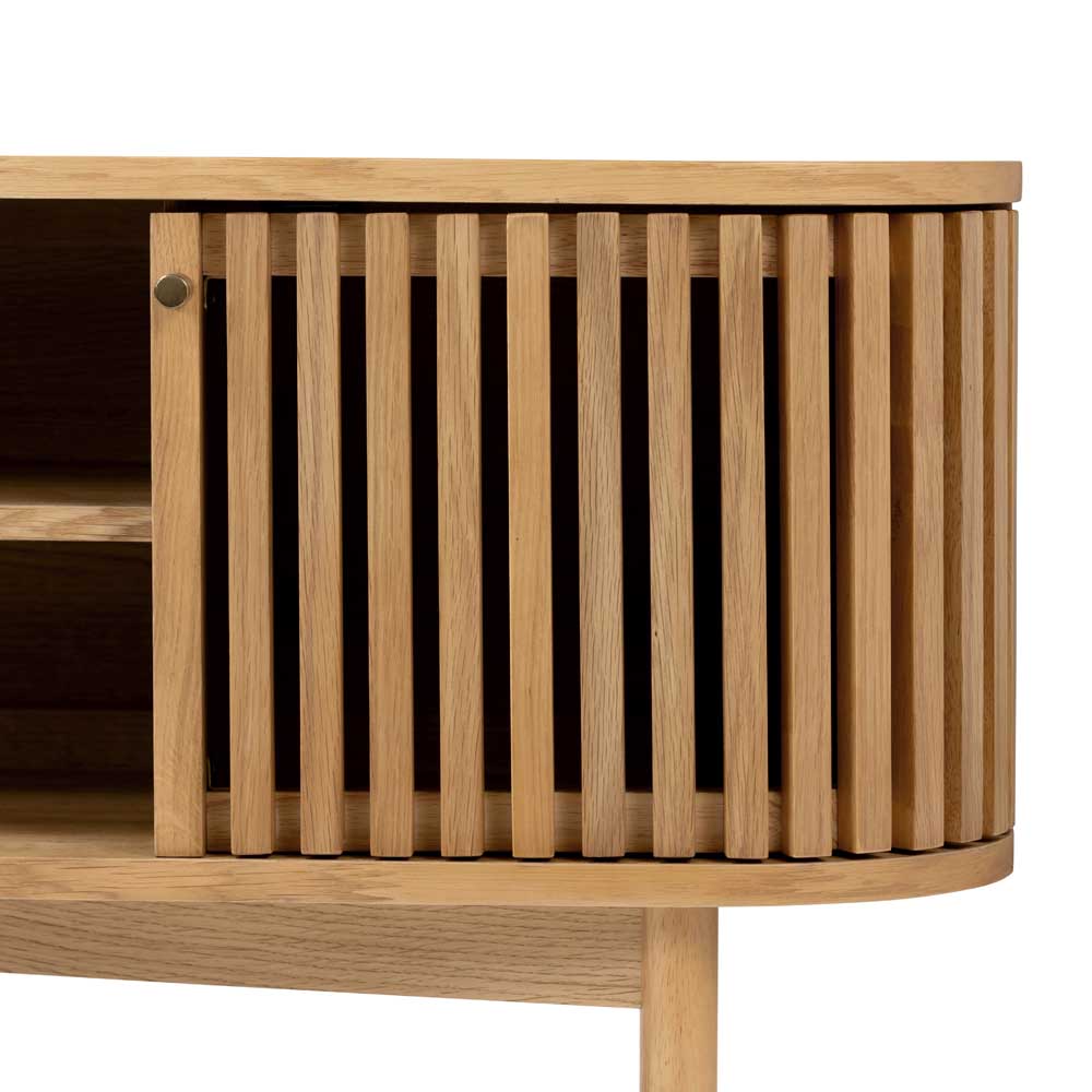 close up of a wooden tv unit with slatted design on a white background