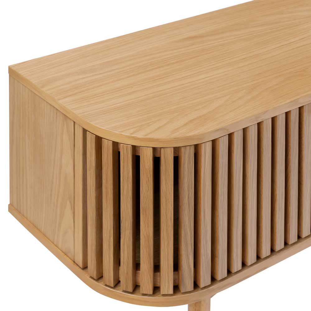 Wooden tv unit with slatted design on a white background