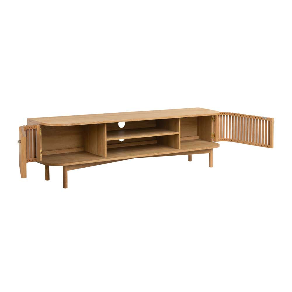 Wooden TV stand with open doors on a white background