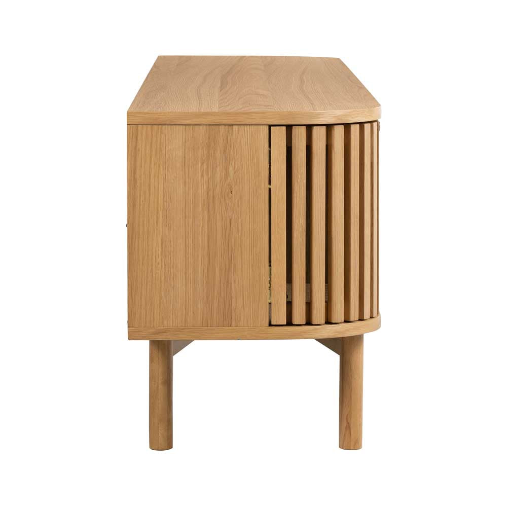 side view of a Wooden tv unit with a slatted design on a white background