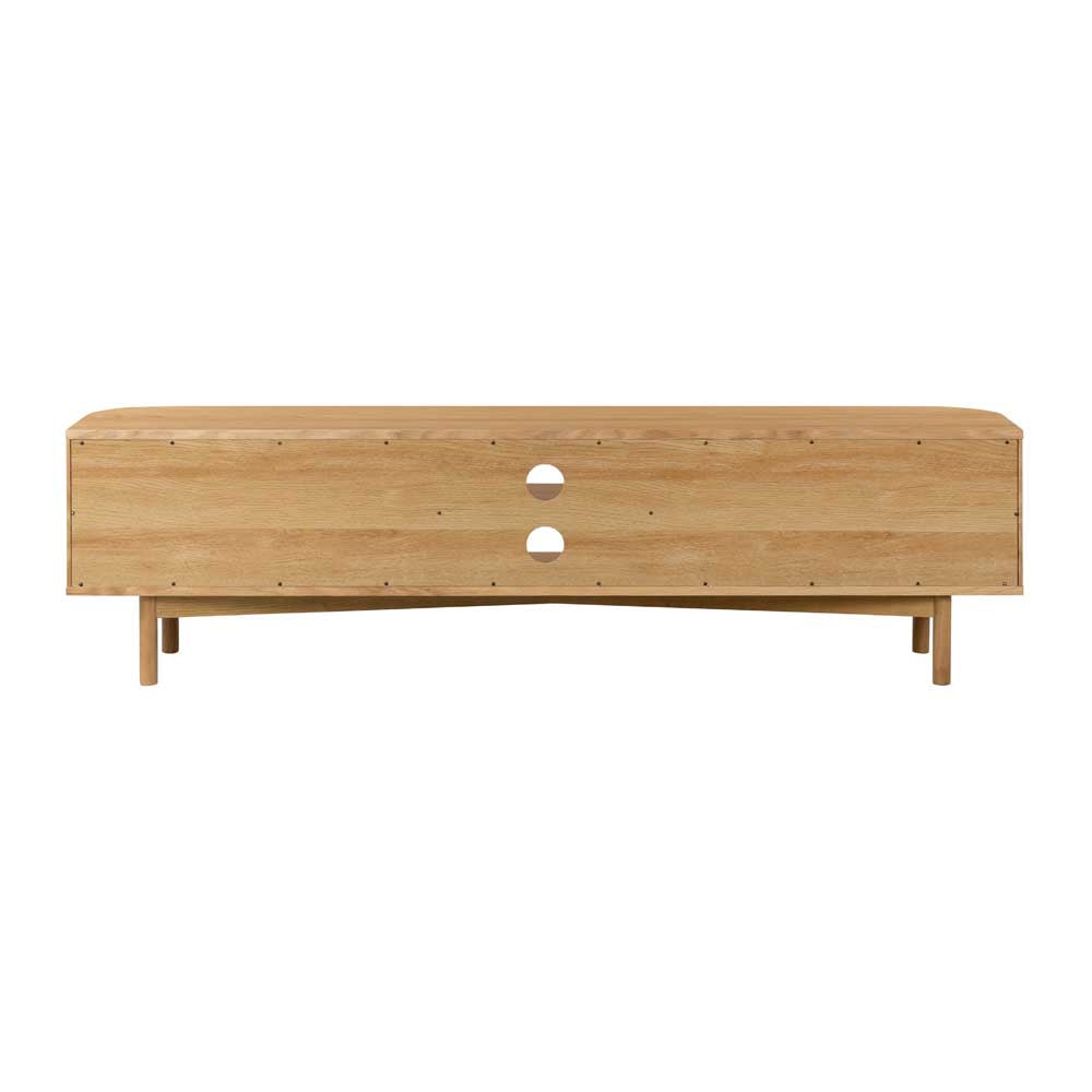 Wooden TV unit with circular cutouts on a white background