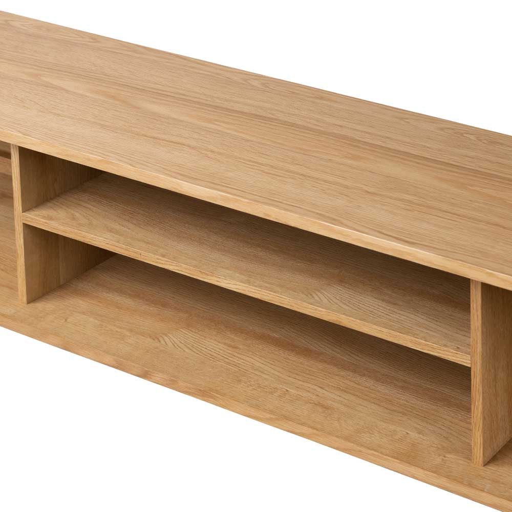Wooden TV stand with two shelves on a white background