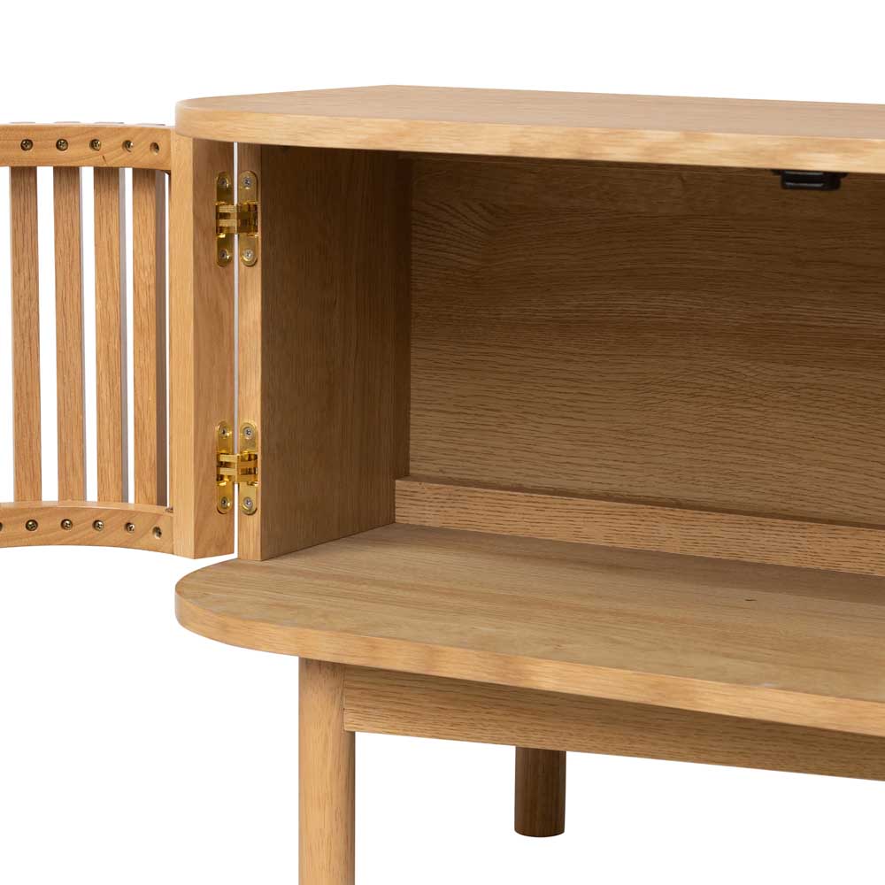 Wooden TVunit with open door on a white background