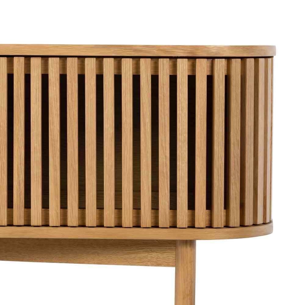 Wooden TV table with slatted design on a white background