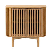 Wooden cabinet/ freestanding cupboard with slatted design on a white background