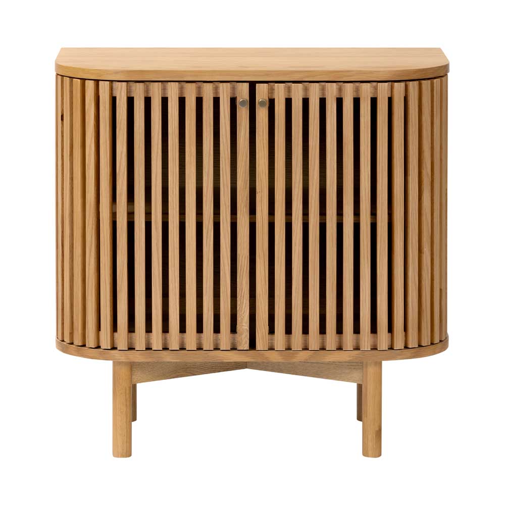 Wooden cabinet/ freestanding cupboard with slatted design on a white background