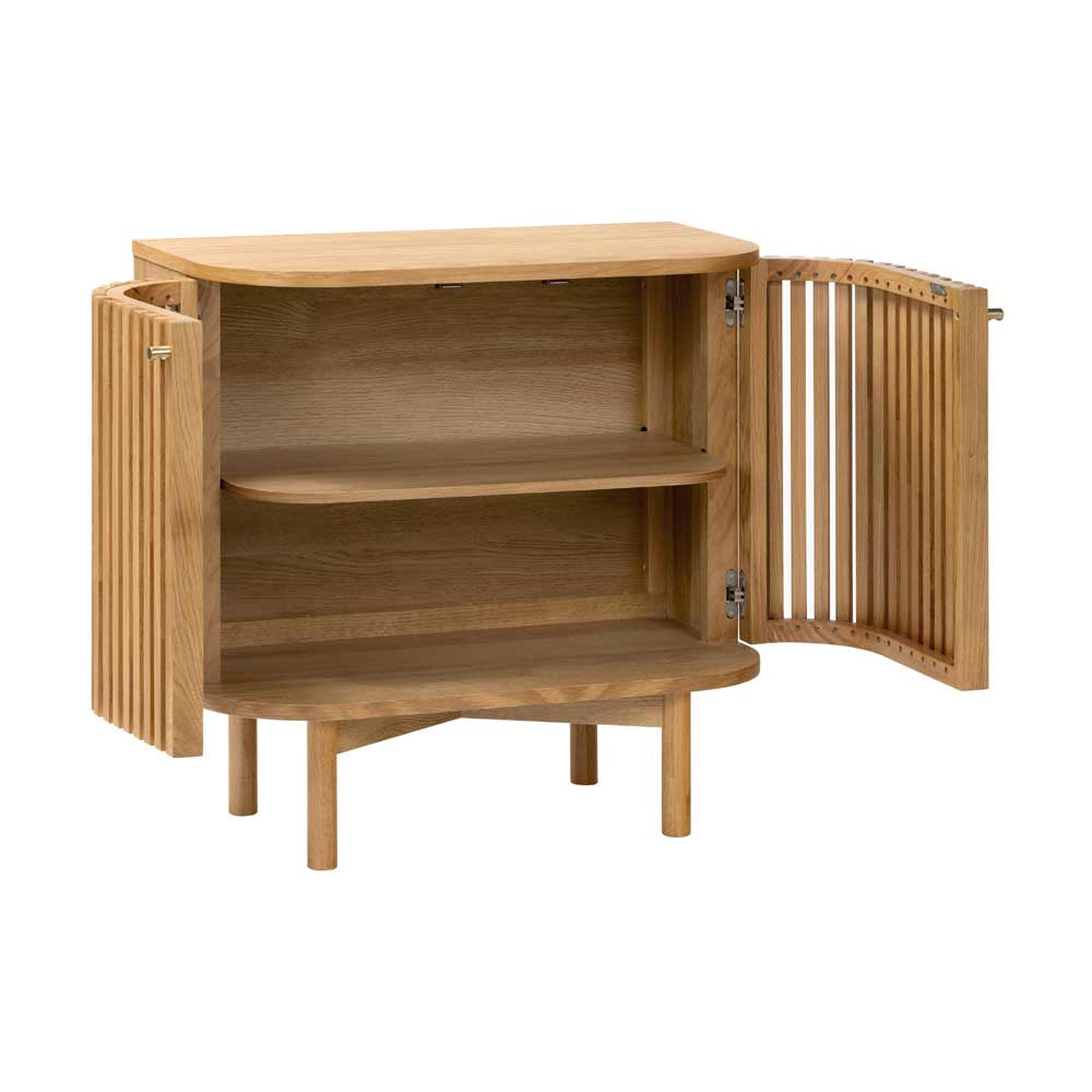 Wooden freestanding cupboard with open doors on a white background