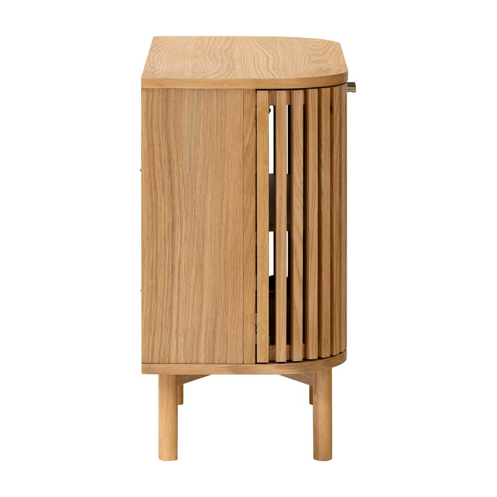 Sidevieew of a Wooden freestanding cupboard with a slatted design on a white background