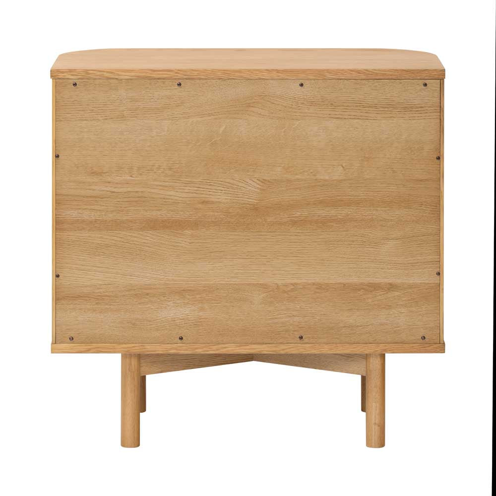 view from the back. Wooden freestanding cupboard with an oak finish on a white background