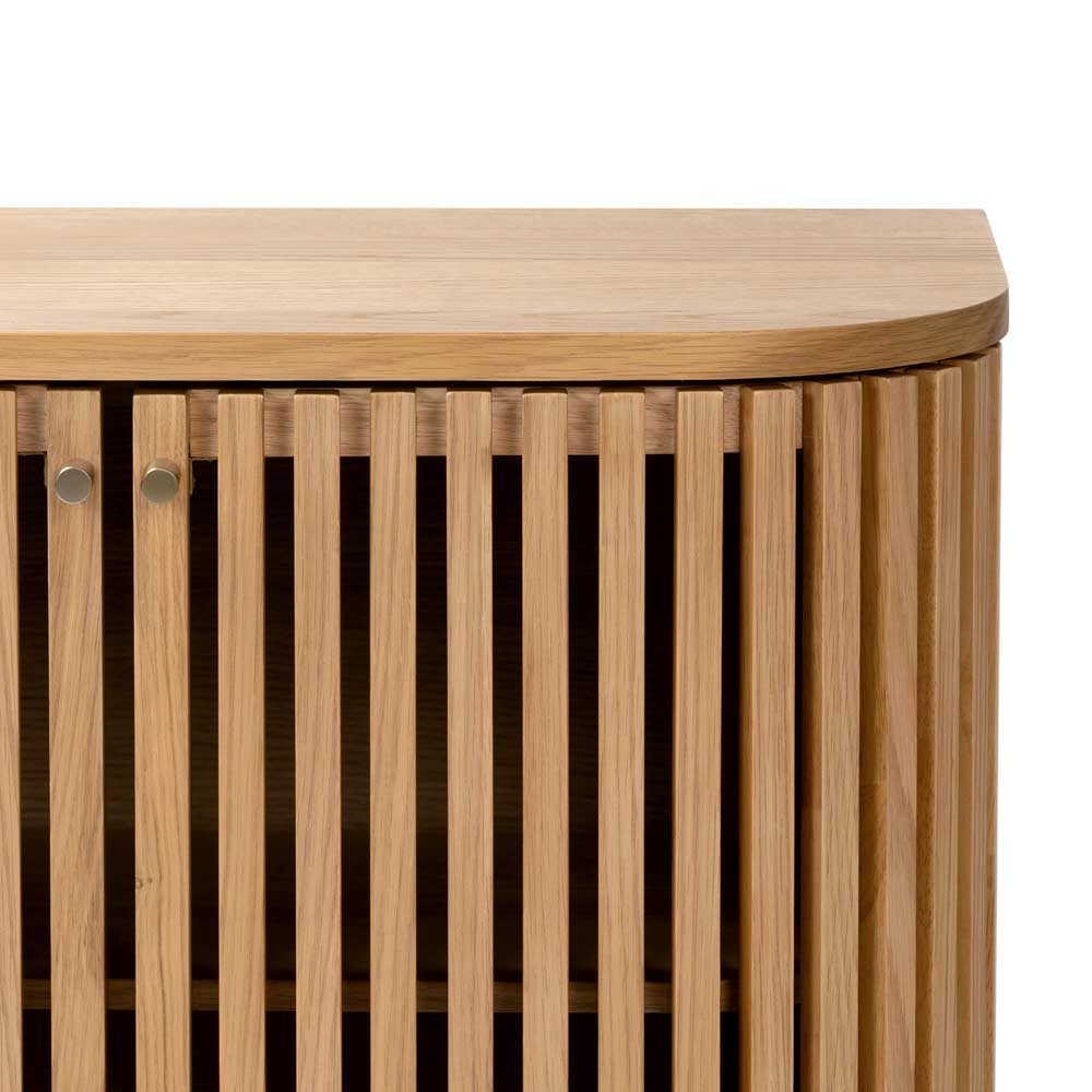 Wooden freestanding cupboard with slatted design on a white background