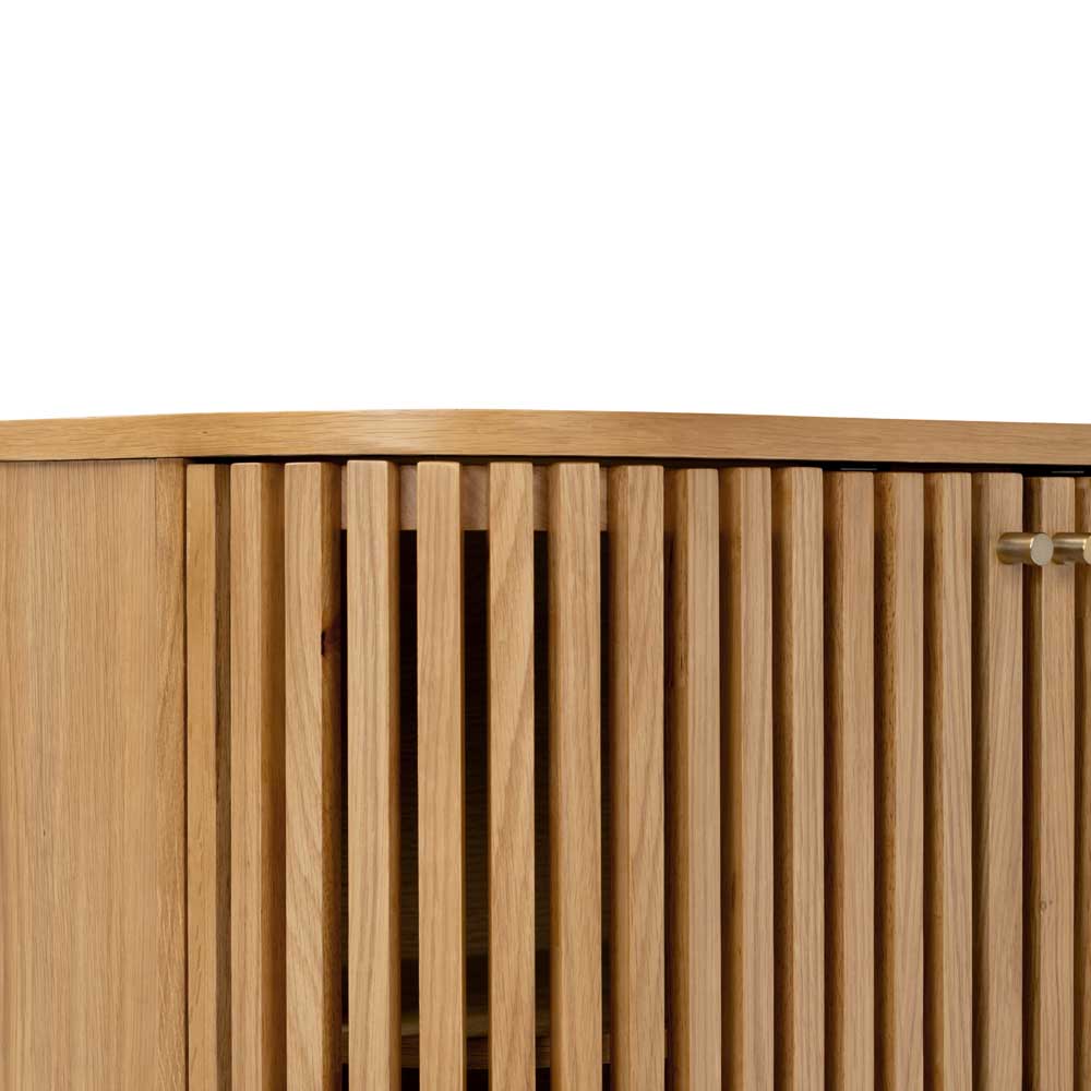 Wooden freestanding cupboard with slatted design on a white background