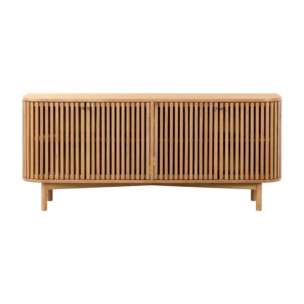 Wooden sideboard with slatted design on a white background