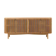 Wooden sideboard with slatted design on a white background
