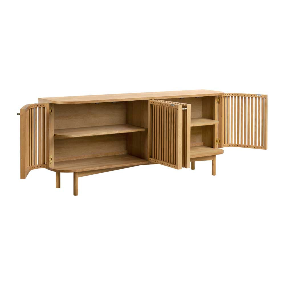 Wooden cabinet with open doors on a white background