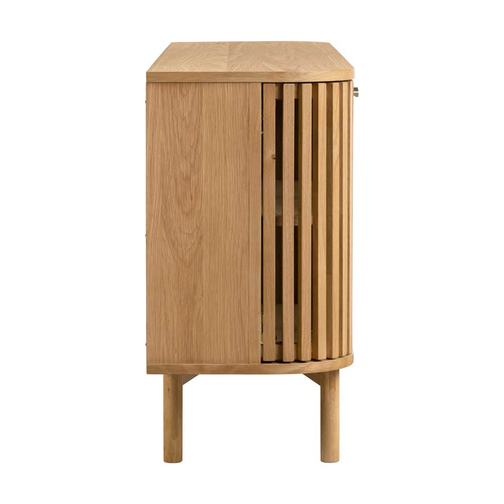 Wooden cabinet with a slatted design on a white background