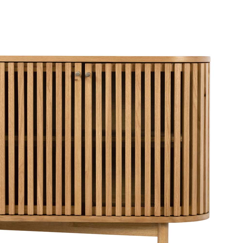 Close up of Wooden cabinet with slatted design on a white background