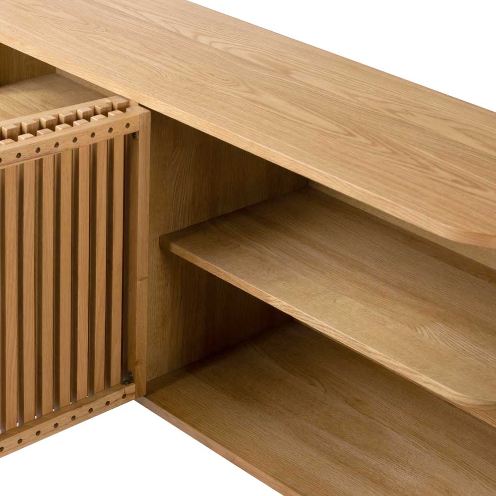 Wooden sideboard unit with open doors showcasing internal shelves on a white background