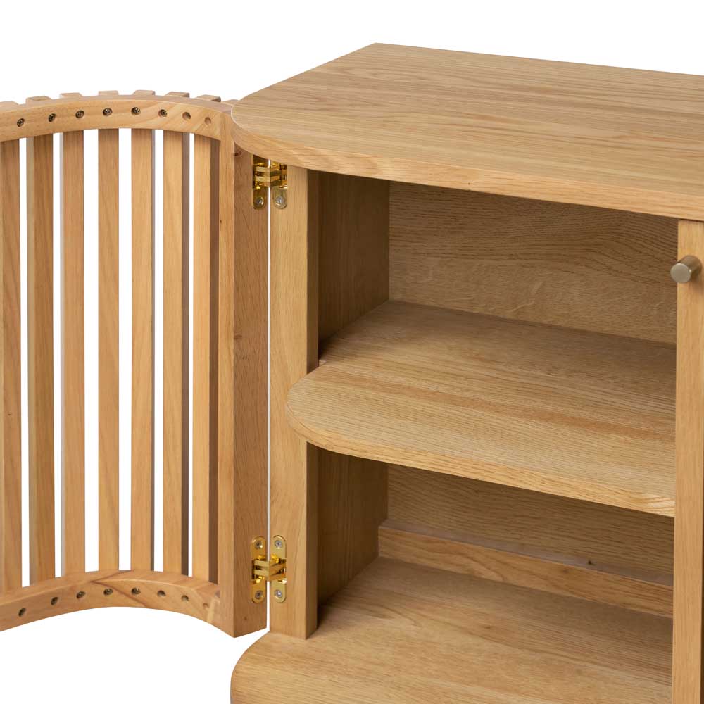 Wooden sideboard with an open slatted door on a white background