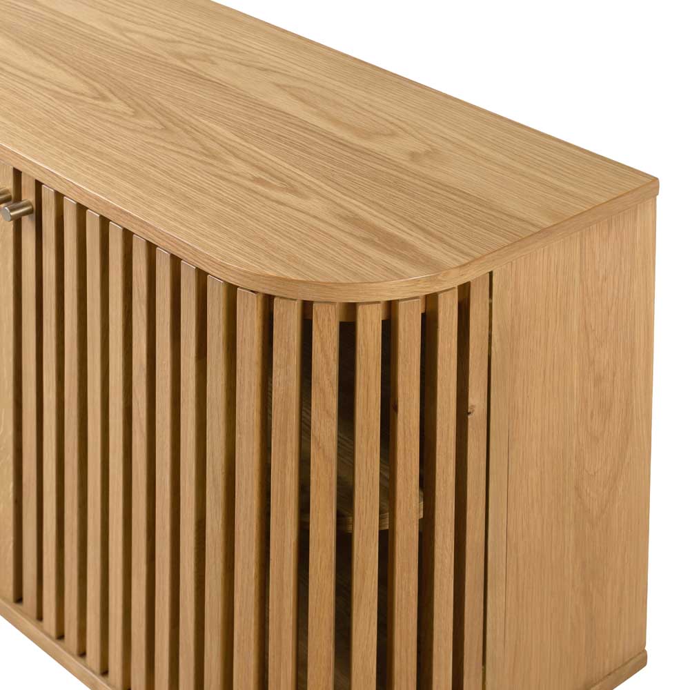 Wooden sideboard with slatted design on a white background