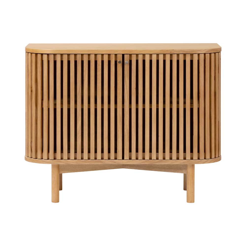 Wooden cabinet with slatted design on a white background