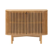 Wooden cabinet with slatted design on a white background