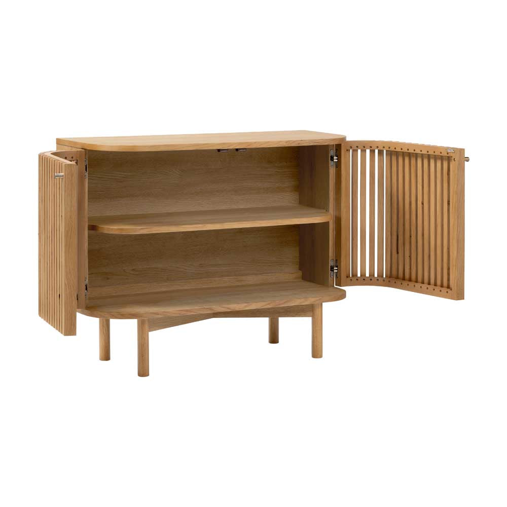 Wooden cabinet with open doors on a white background
