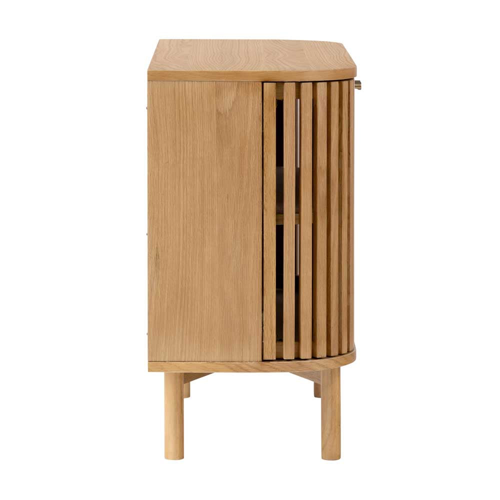 Wooden cabinet with a slatted design on a white background