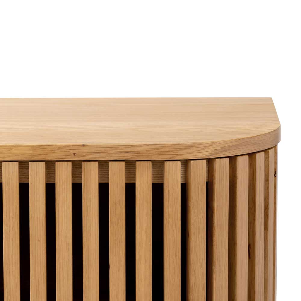Wooden sideboard with slatted design on a white background