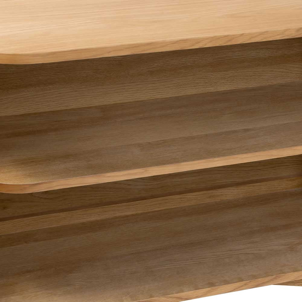 Close-up of wooden internal shelves with a natural oak finish