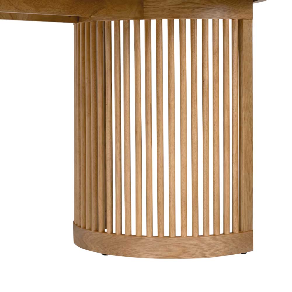 Close up of curved slatted design table leg / support