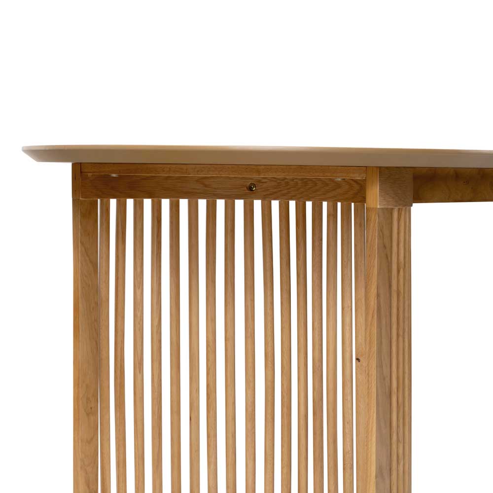 Close up of curved slatted design table leg / support